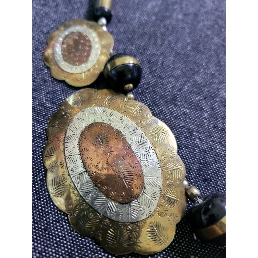 Vintage 60s 70s Brass Mixed Metal Beaded Necklace Funky‎ Large Boho Hippy